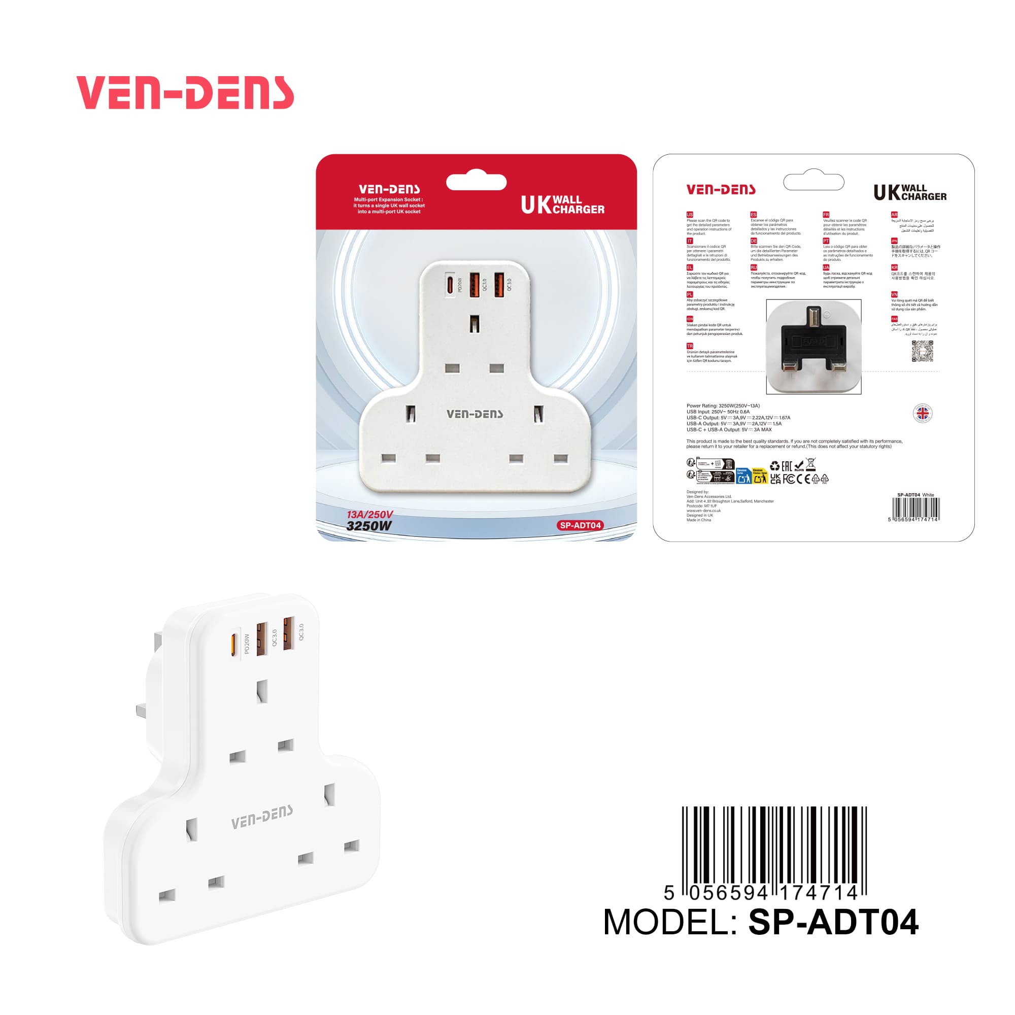 3 Way UK Wall Charger Adapter with 20W USB-C PD & Dual QC3.0 USB Ports | 13A 3250W Fused | Model SP-ADT04