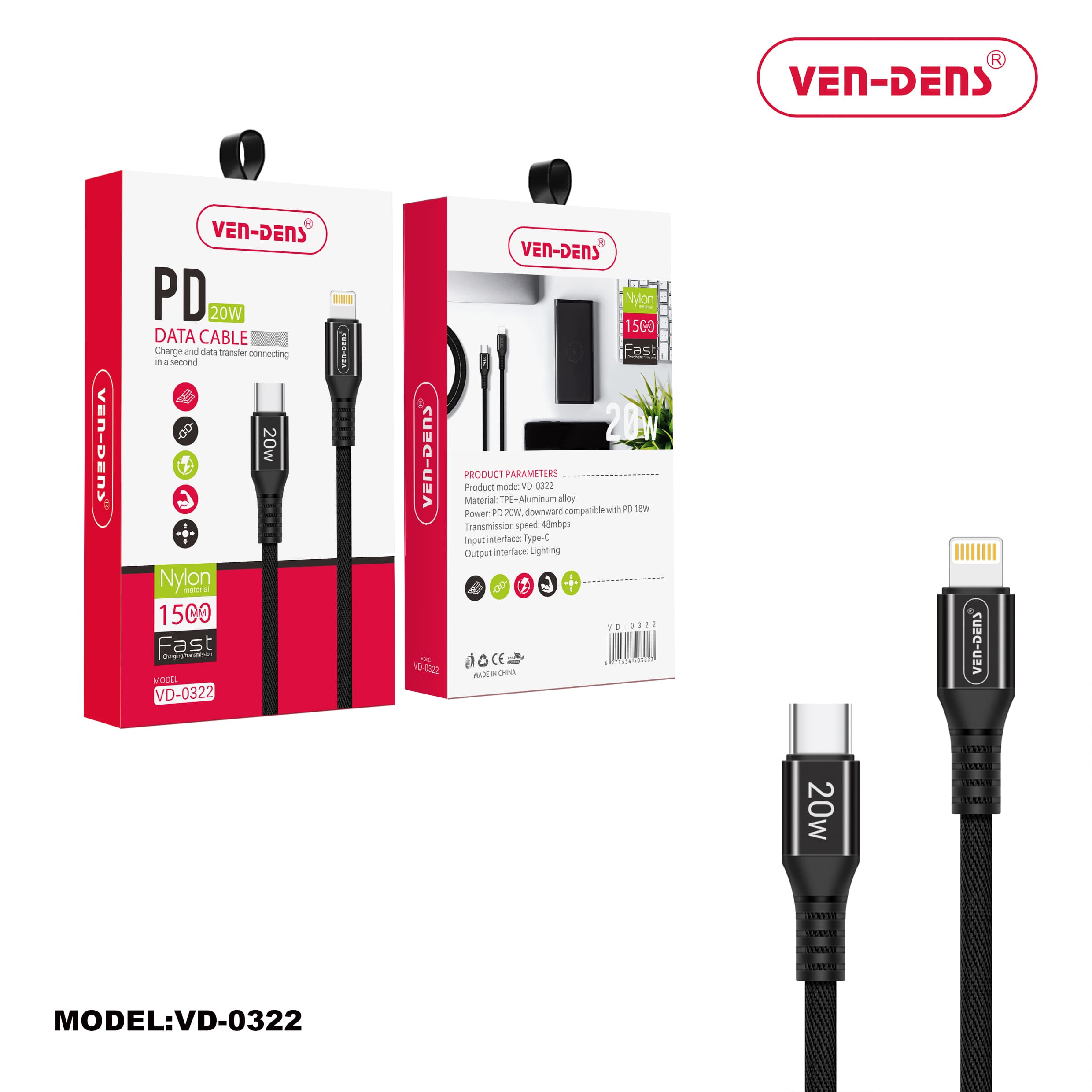 Type C to Lightning Charging Cable 20W Nylon Black (1.5 Metre)